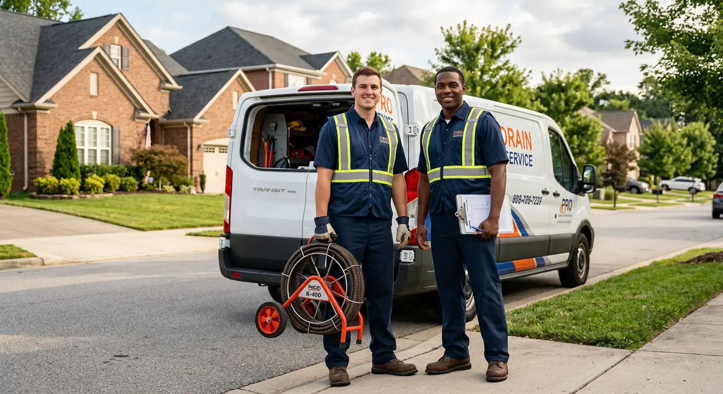 Sewer and drain service team with equipment ready for work in Belleville
