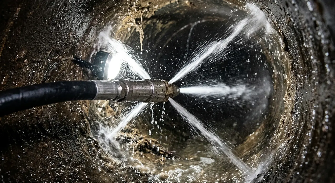 High-pressure hydro jetting nozzle cleaning sewer pipe for Sewer Cleanout in Belleville
