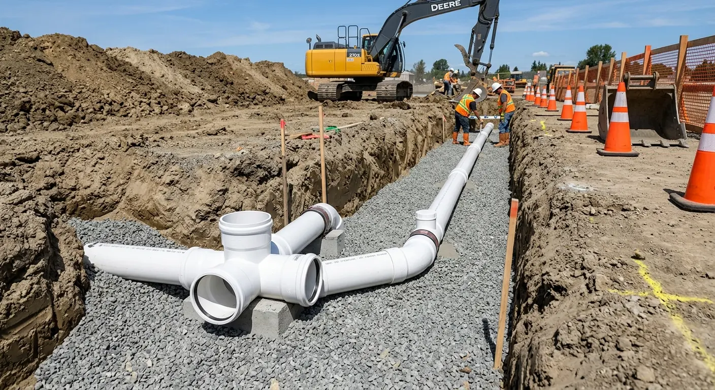 New PVC sewer pipe installation in open trench for Commercial Drain Cleaning in Belleville