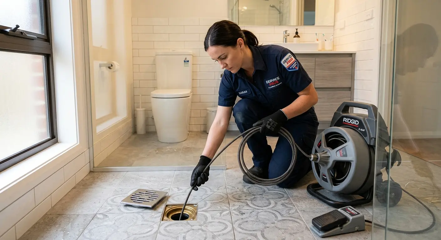 Technician clearing a bathroom floor drain for Clogged Drain Repair in Belleville